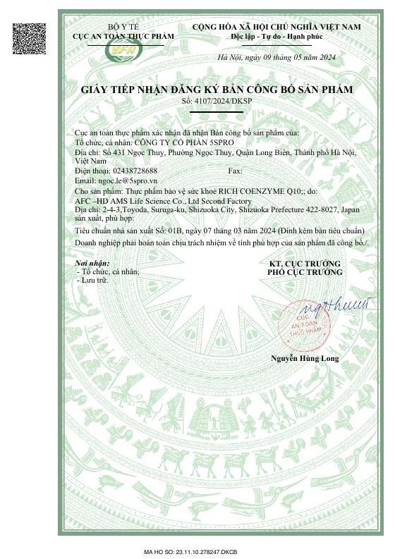 Trang đầu Giấy tiếp nhận đăng ký bản công bố sản phẩm số 4107/2024/ĐKSP