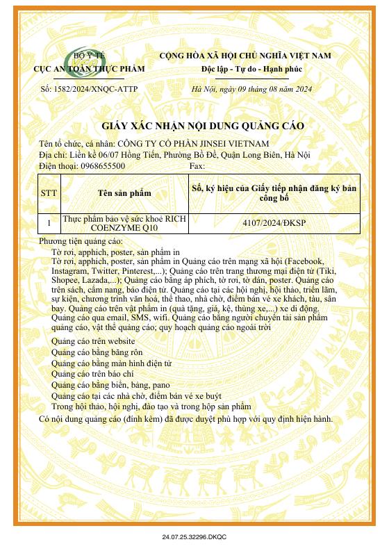 Trang đầu Giấy xác nhận nội dung quảng cáo số 1582/2024/XNQC-ATTP