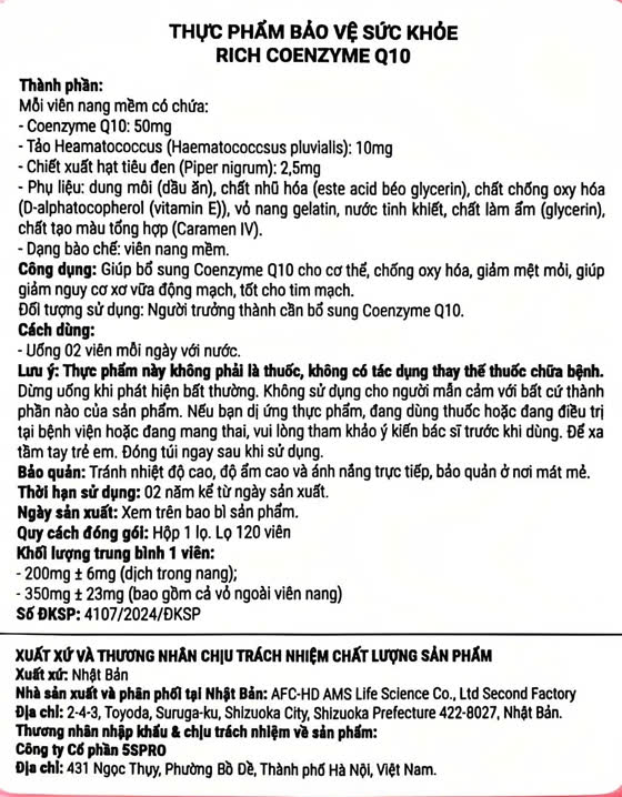 Nhãn phụ tiếng Việt dán trên hộp Rich Coenzyme Q10